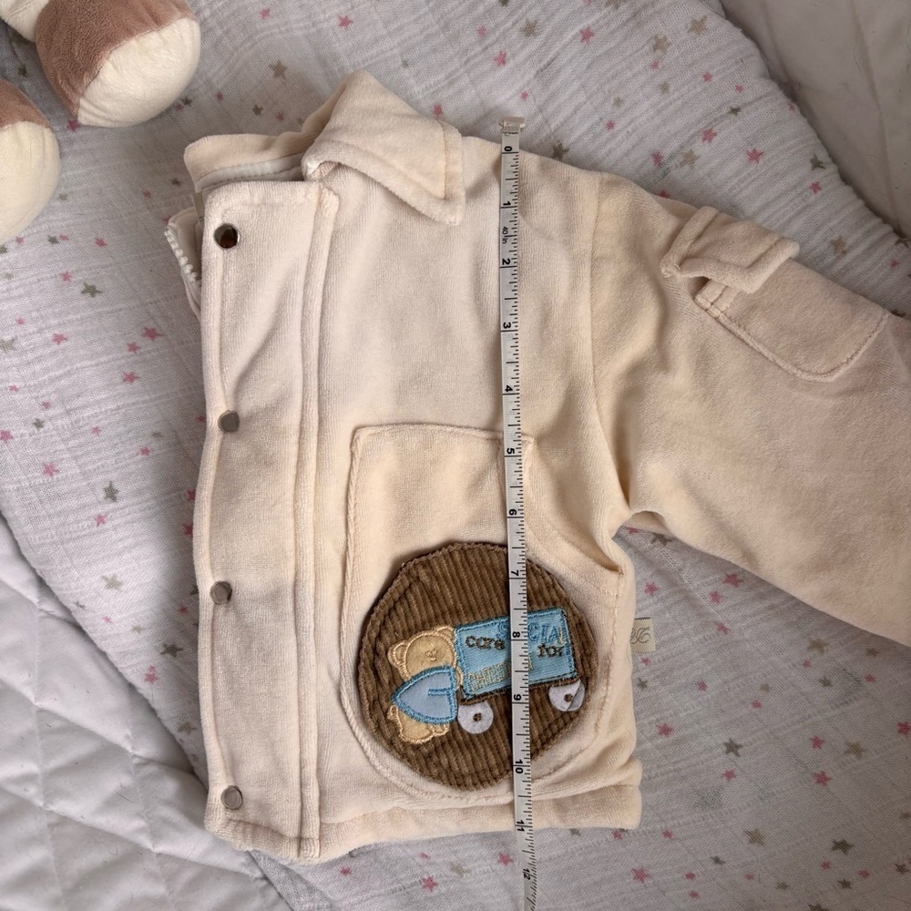 ⭒ 6M VTG Cream Chunky Jacket Embroidered Bear Pockets Collar Velour ⭒ - Picture 12 of 13